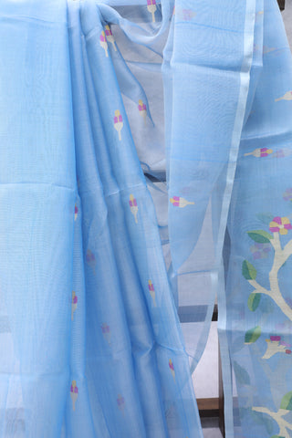 Blue Muslin Jamdani Saree - SRBMJS31