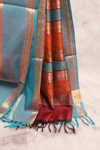 Rust Kanchi Silk Cotton Saree with Jari Border-SRRKSCS8