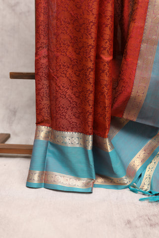 Rust Kanchi Silk Cotton Saree with Jari Border-SRRKSCS8