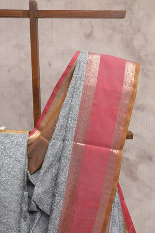 Grey Kanchi Silk Cotton Saree with Jari Border-SRGKSCS11