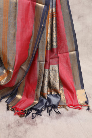 Blueish Grey Kanchi Silk Cotton Saree with Jari Border-SRBGKSCS23