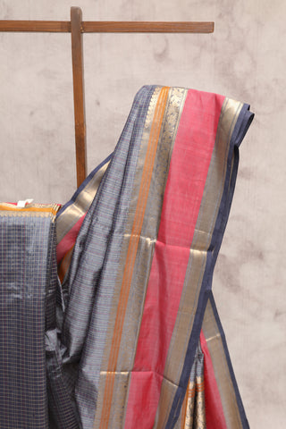 Blueish Grey Kanchi Silk Cotton Saree with Jari Border-SRBGKSCS23