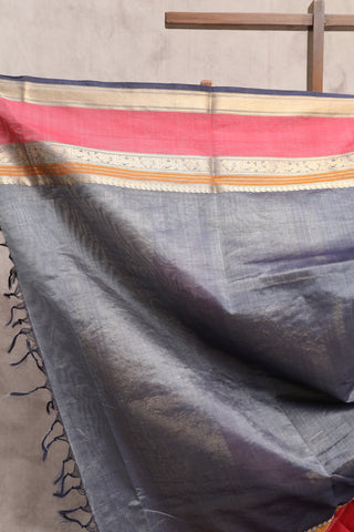 Blueish Grey Kanchi Silk Cotton Saree with Jari Border-SRBGKSCS23