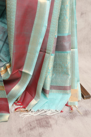 Aqua Blue Kanchi Silk Cotton Saree with Jari Border-SRABKSCS27