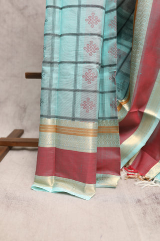 Aqua Blue Kanchi Silk Cotton Saree with Jari Border-SRABKSCS27