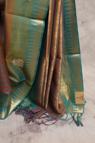 Light Green Orange Kanchi Silk Cotton Saree with Jari Temple Border-SRLGOKSCS21