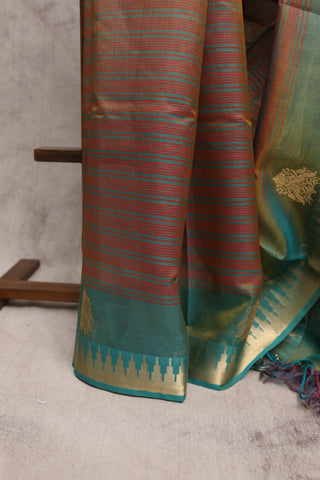 Light Green Orange Kanchi Silk Cotton Saree with Jari Temple Border-SRLGOKSCS21