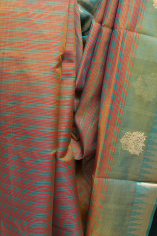 Light Green Orange Kanchi Silk Cotton Saree with Jari Temple Border-SRLGOKSCS21