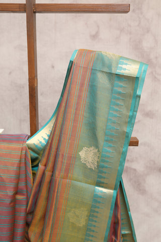 Light Green Orange Kanchi Silk Cotton Saree with Jari Temple Border-SRLGOKSCS21