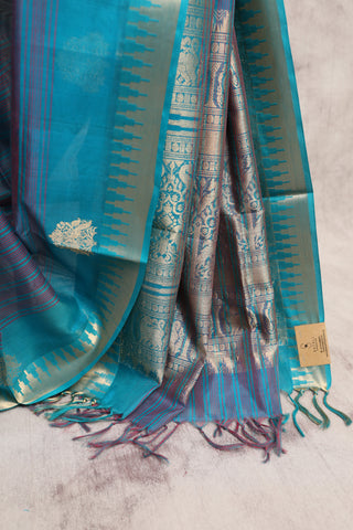 Peacock Blue Pink Kanchi Silk Cotton Saree with Jari Temple Border-SRPBPKSCS19