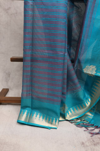 Peacock Blue Pink Kanchi Silk Cotton Saree with Jari Temple Border-SRPBPKSCS19