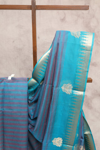 Peacock Blue Pink Kanchi Silk Cotton Saree with Jari Temple Border-SRPBPKSCS19