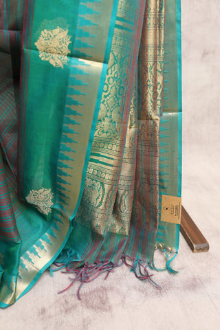 Green Pink Kanchi Silk Cotton Saree with Jari Temple Border-SRGPKSCS20