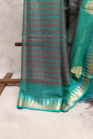 Green Pink Kanchi Silk Cotton Saree with Jari Temple Border-SRGPKSCS20