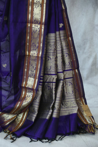 Dark Purple Kanchi Silk Cotton Saree with Jari Border-SRDPKSCS86