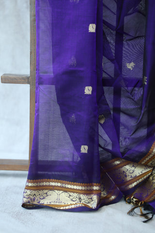 Dark Purple Kanchi Silk Cotton Saree with Jari Border-SRDPKSCS86