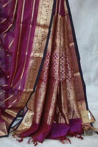 Magenta Kanchi Silk Cotton Saree with Jari Border-SRMKSCS103