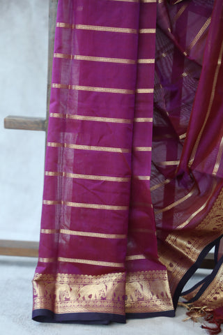 Magenta Kanchi Silk Cotton Saree with Jari Border-SRMKSCS103