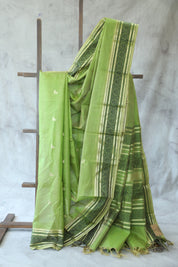 Pastel Green Kanchi Silk Cotton Saree with Jari Border-SRPGKSCS85