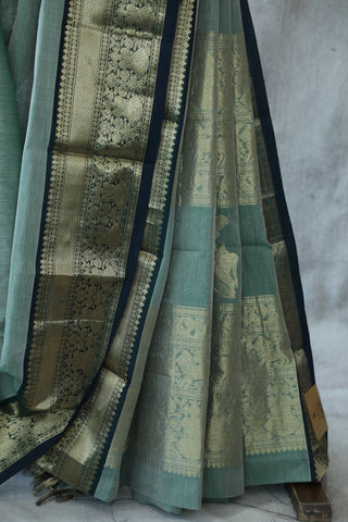 Mint Green Kanchi Silk Cotton Saree with Jari Border-SRMGKSCS83