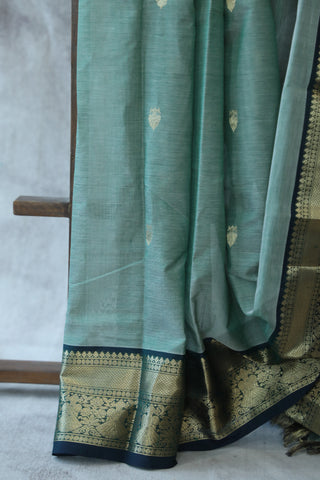 Mint Green Kanchi Silk Cotton Saree with Jari Border-SRMGKSCS83