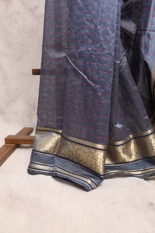 Blueish Grey Kanchi Silk Cotton Saree with Jari Border-SRBGKSCS4