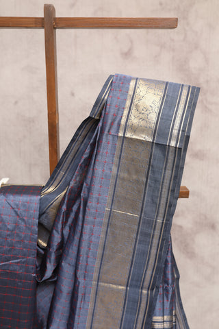 Blueish Grey Kanchi Silk Cotton Saree with Jari Border-SRBGKSCS4