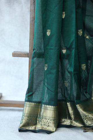 Dark Green Kanchi Silk Cotton Saree with Jari Border-SRDGKSCS81