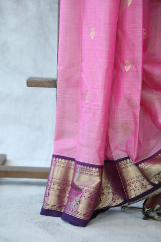 Pink Kanchi Silk Cotton Saree with Jari Border-SRPKSCS80