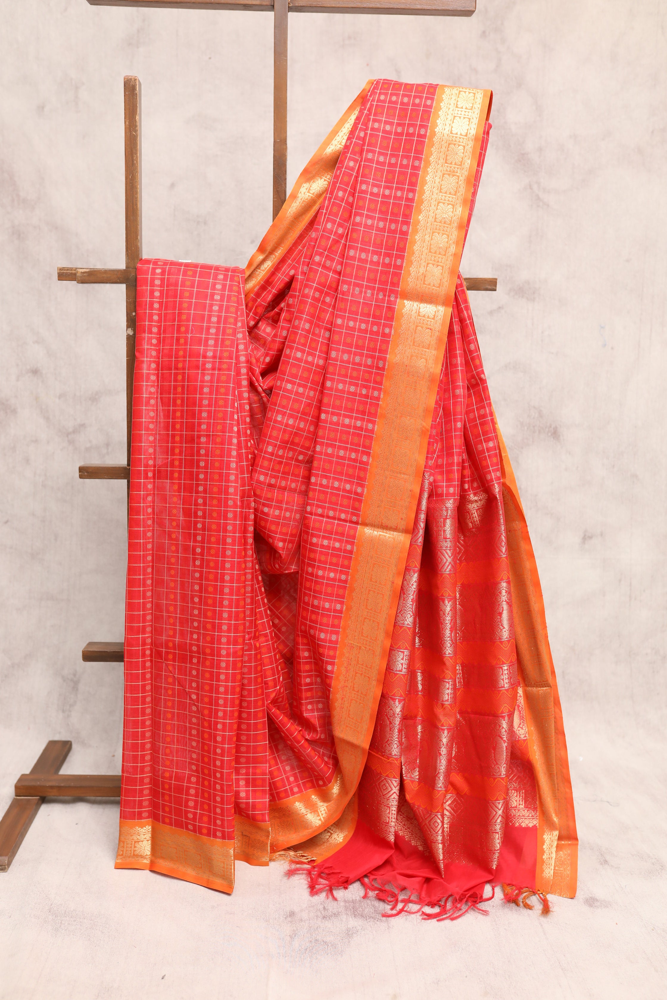 Red Kanchi Silk Cotton Saree with Jari Border-SRRKSCS53