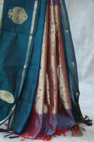 Two Tone Teal Kanchi Silk Cotton Saree with Jari Border-SRTTTKSCS107