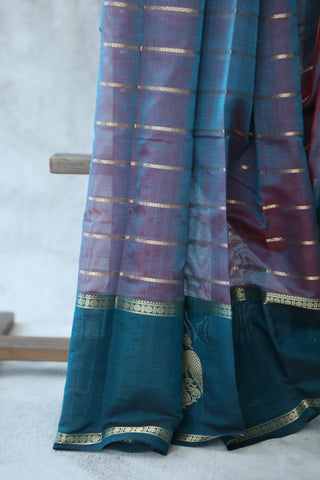 Two Tone Teal Kanchi Silk Cotton Saree with Jari Border-SRTTTKSCS107