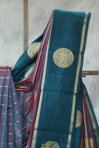 Two Tone Teal Kanchi Silk Cotton Saree with Jari Border-SRTTTKSCS107