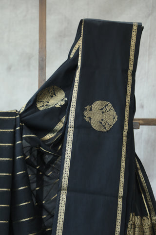 Black Kanchi Silk Cotton Saree with Jari Border-SRBKSCS106