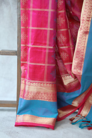 Pink Kanchi Silk Cotton Saree with Jari Border-SRPKSCS109