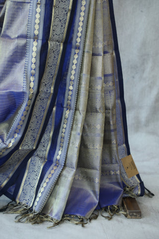 Two Tone Blue Kanchi Silk Cotton Saree with Jari Border-SRTTBKSCS111