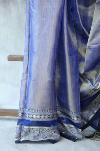 Two Tone Blue Kanchi Silk Cotton Saree with Jari Border-SRTTBKSCS111