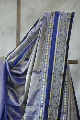 Two Tone Blue Kanchi Silk Cotton Saree with Jari Border-SRTTBKSCS111