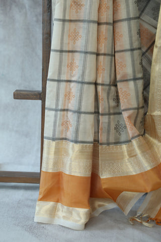 Beige Kanchi Silk Cotton Saree with Jari Border-SRBKSCS108