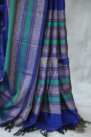 Blue Kanchi Silk Cotton Saree with Jari Border-SRBKSCS76