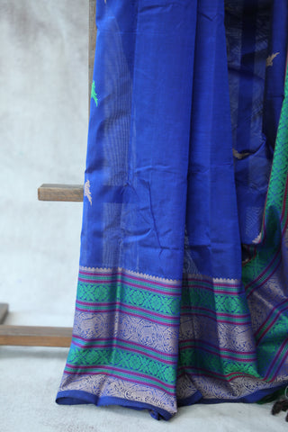 Blue Kanchi Silk Cotton Saree with Jari Border-SRBKSCS76