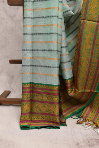 Light Green Kanchi Silk Cotton Saree with Jari Border-SRLGKSCS56