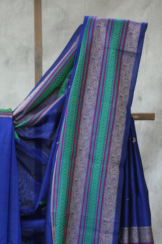 Blue Kanchi Silk Cotton Saree with Jari Border-SRBKSCS76