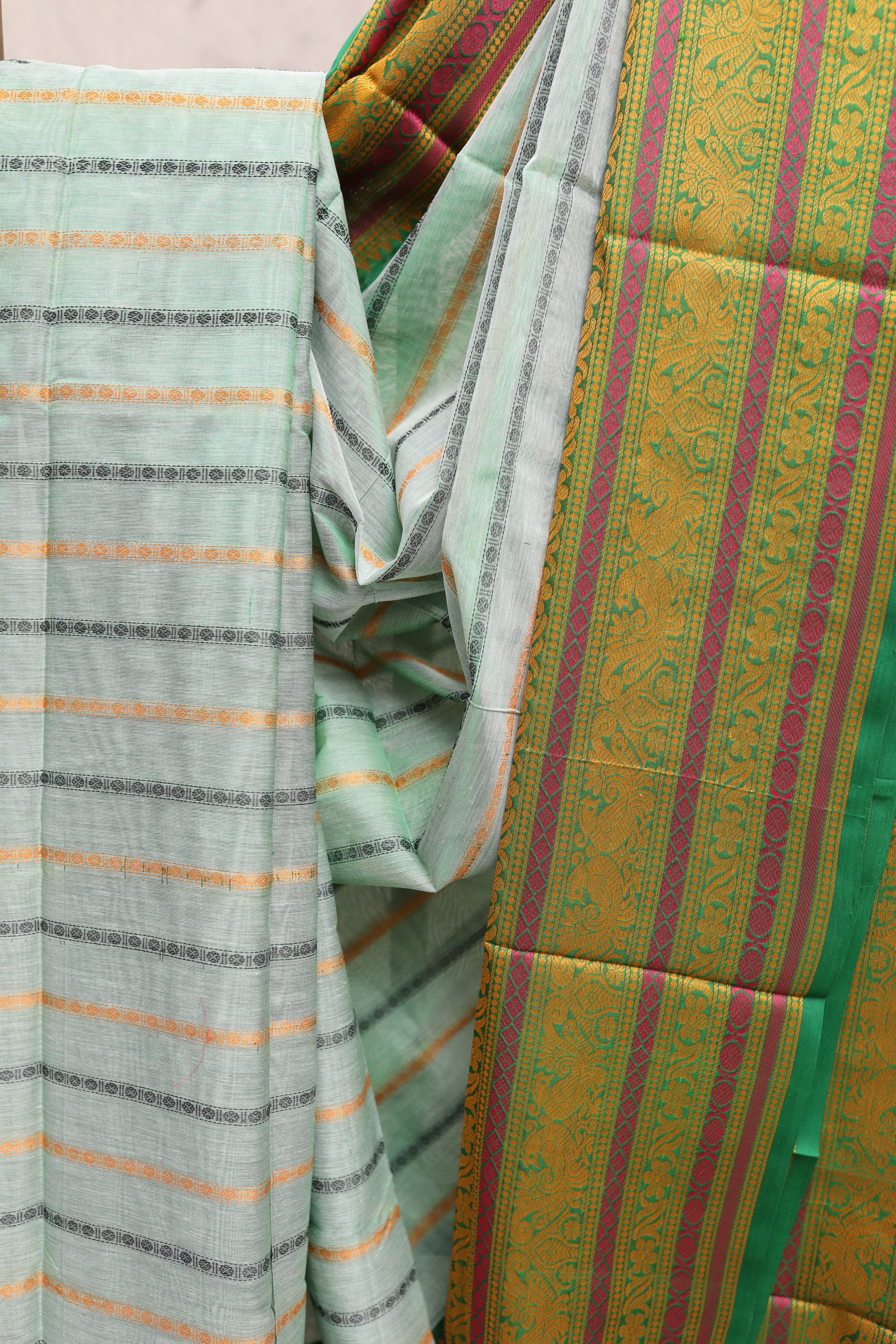 Light Green Kanchi Silk Cotton Saree with Jari Border  - SRLGKSCS56