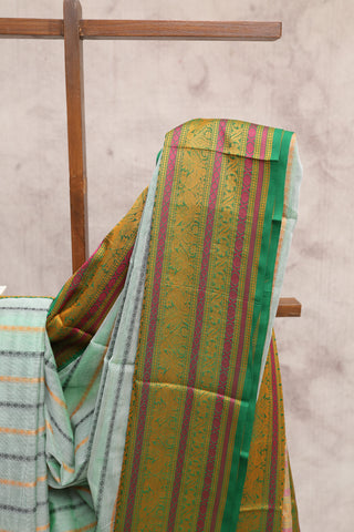 Light Green Kanchi Silk Cotton Saree with Jari Border-SRLGKSCS56