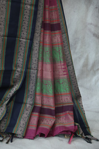 Magenta Kanchi Silk Cotton Saree with Jari Border-SRMKSCS78