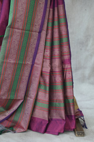 Magenta Kanchi Silk Cotton Saree with Jari Border-SRMKSCS73