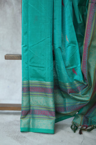 Green Kanchi Silk Cotton Saree with Jari Border-SRGKSCS72