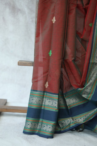 Red Kanchi Silk Cotton Saree with Jari Border-SRRKSCS79