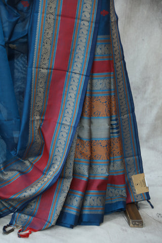 Peacock Blue Kanchi Silk Cotton Saree with Jari Border-SRPBKSCS77